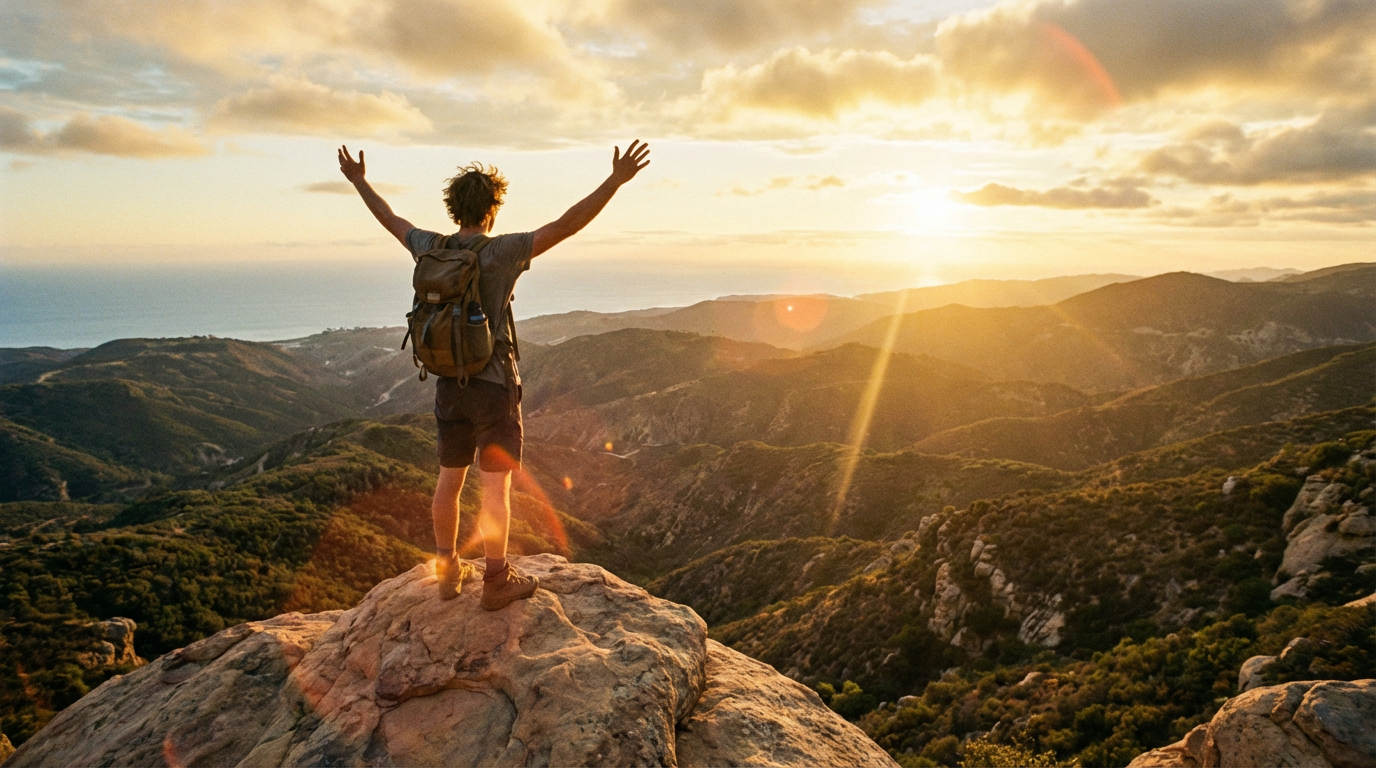 Young adult reaching mountain summit at sunset, representing recovery and overcoming addiction