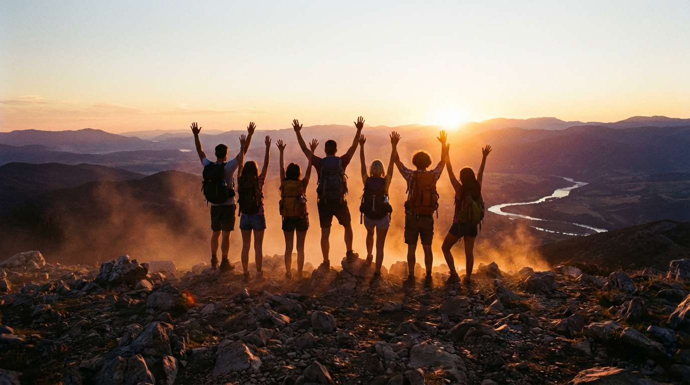 Off The Couch recovery team standing on a mountain peak, symbolizing shared triumph and support